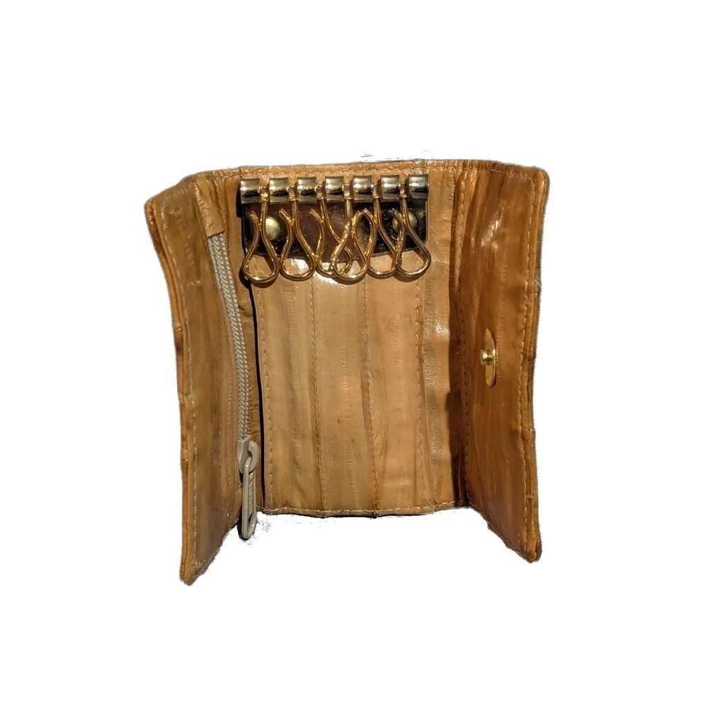 Vintage Genuine Eel Skin Leather 6-Hook Key Case Wallet with Zipper Pocket